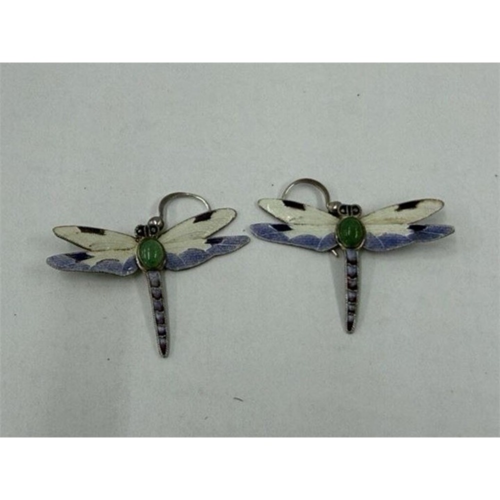 Vintage Sterling Silver Enamel Dragonfly Earrings Green Cabochon Dangle